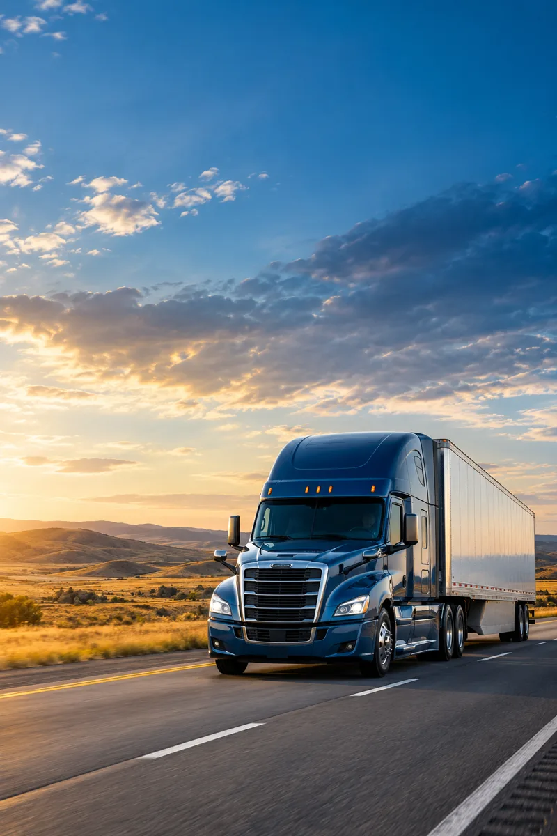 White semi-truck traveling a highway through a forested mountain landscape